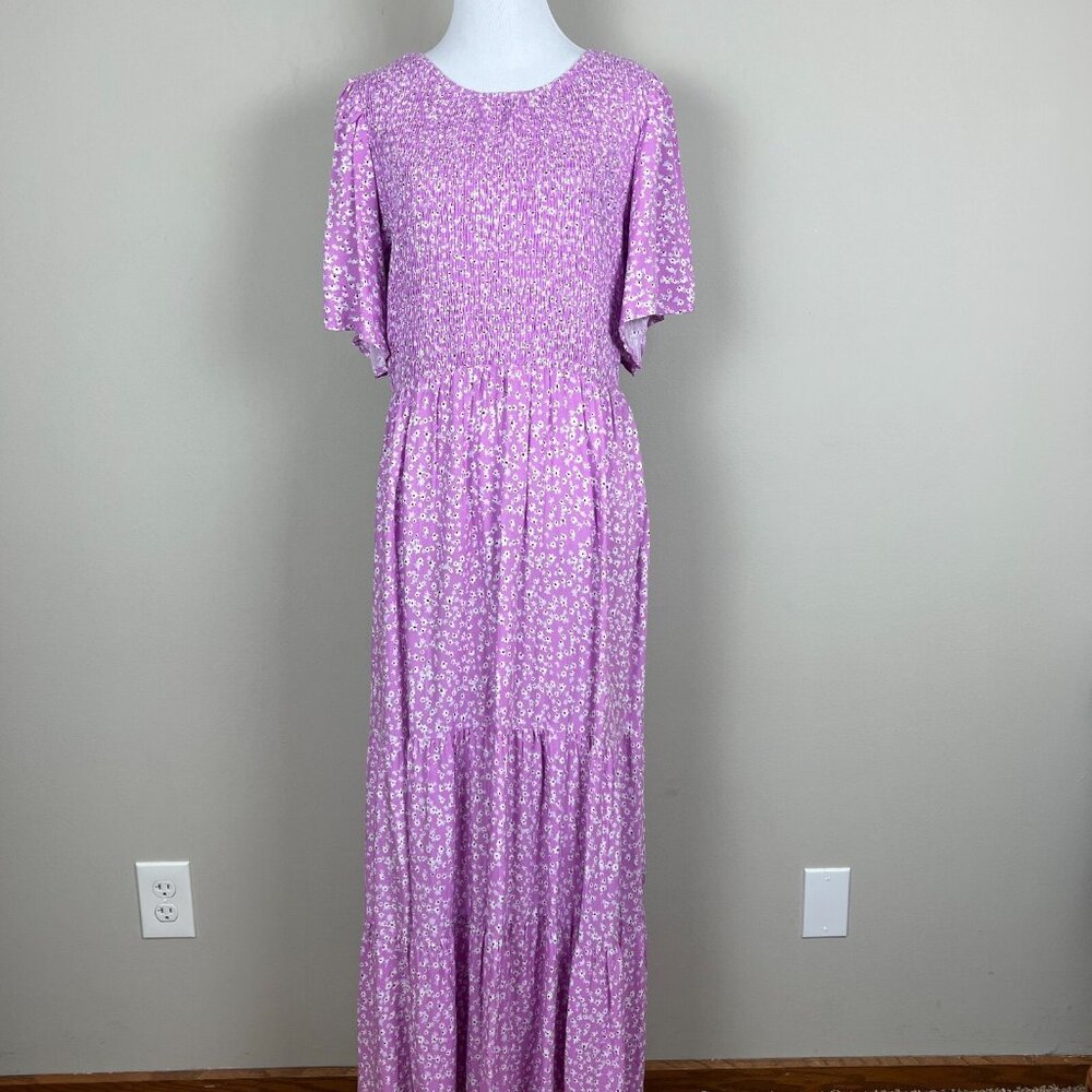 Zesica Dress Women Large Purple Ditsy Floral Tiered Smocked Short Flutter Sleeve